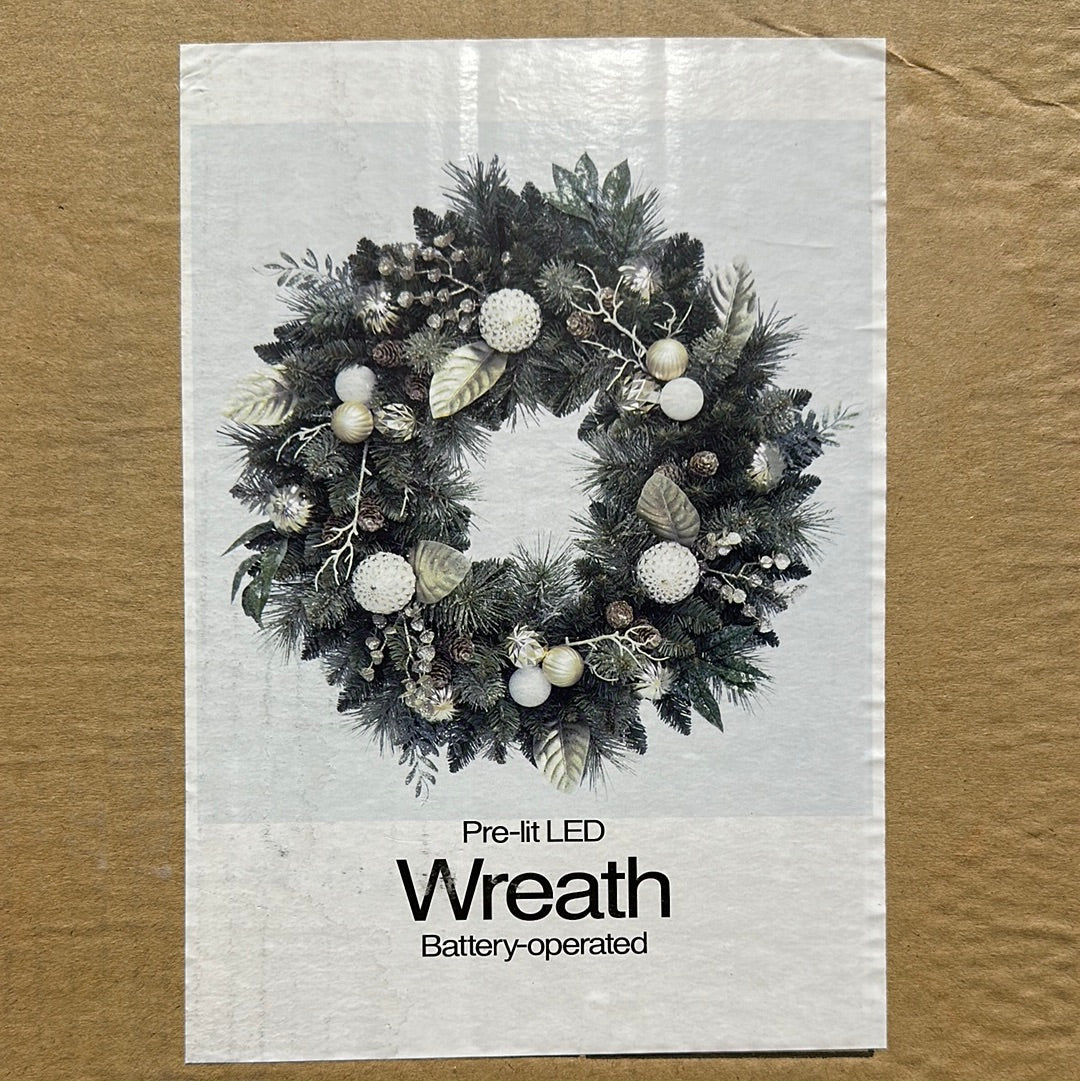 30" Pre-Lit LED Decorative Christmas Wreath Silver, White & Gold