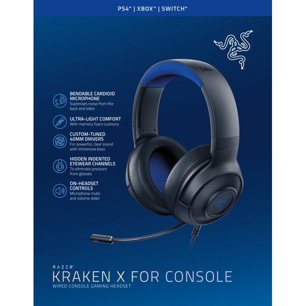 Razer Kraken X Ultralight Gaming Headset: 7.1 Surround Sound - Lightweight Aluminum Frame - Bendable Cardioid Microphone - for PC, PS4, PS5, Switch, Xbox One, Xbox Series X|S, Mobile - Black/Blue