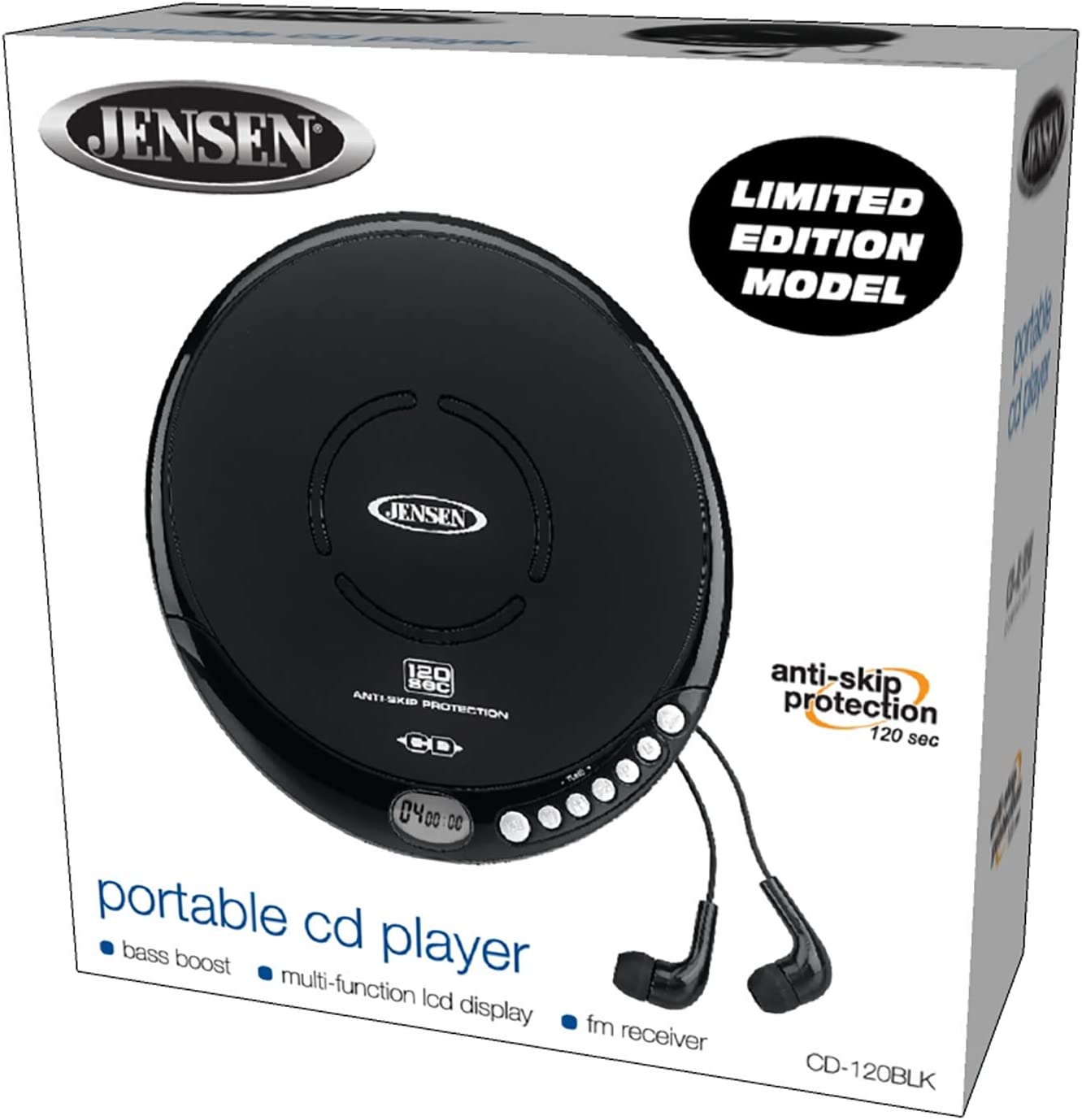 Jensen Portable CD-120BK Portable Personal CD Player Compact 120 SEC Anti-Skip CD Player – Lightweight & Shockproof Music Disc Player & FM Radio Pro-Earbuds for Kids & Adults
