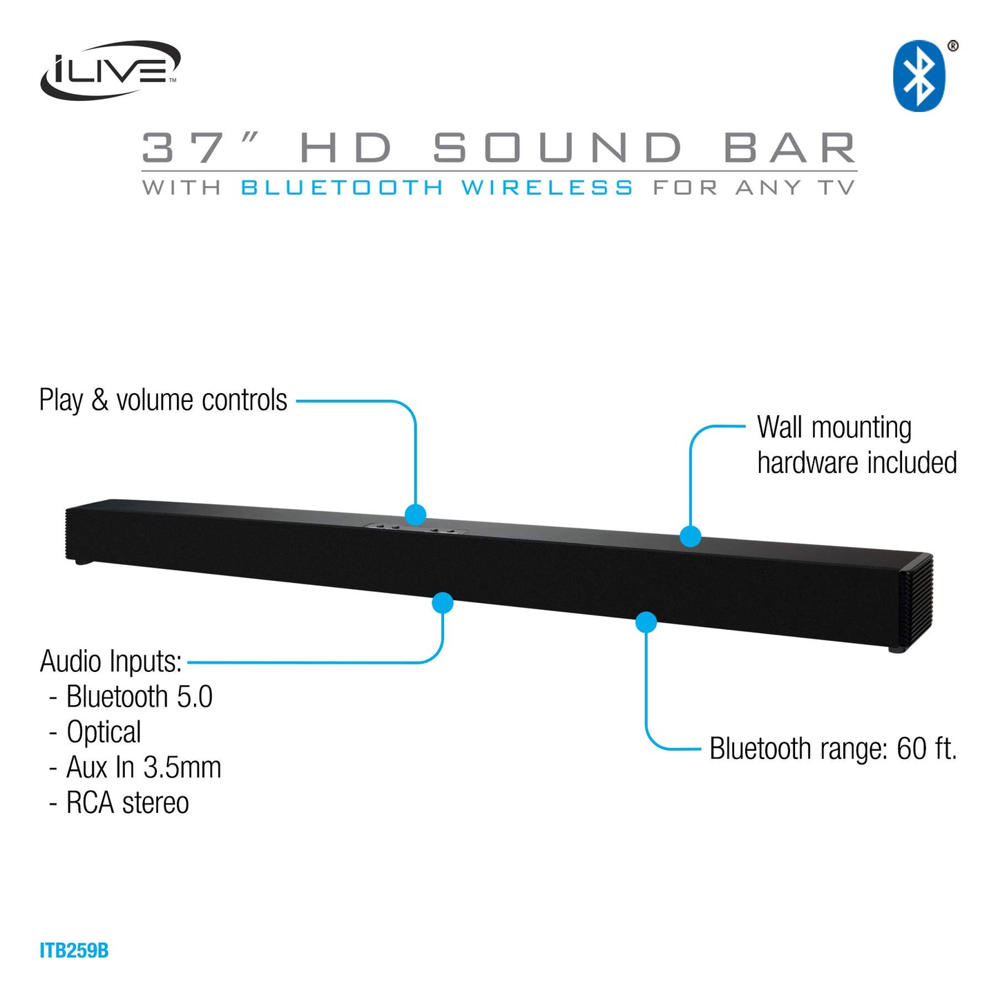 iLive Wall Mountable Sound Bar with Bluetooth, 37 Inches, Black (ITB259B)
