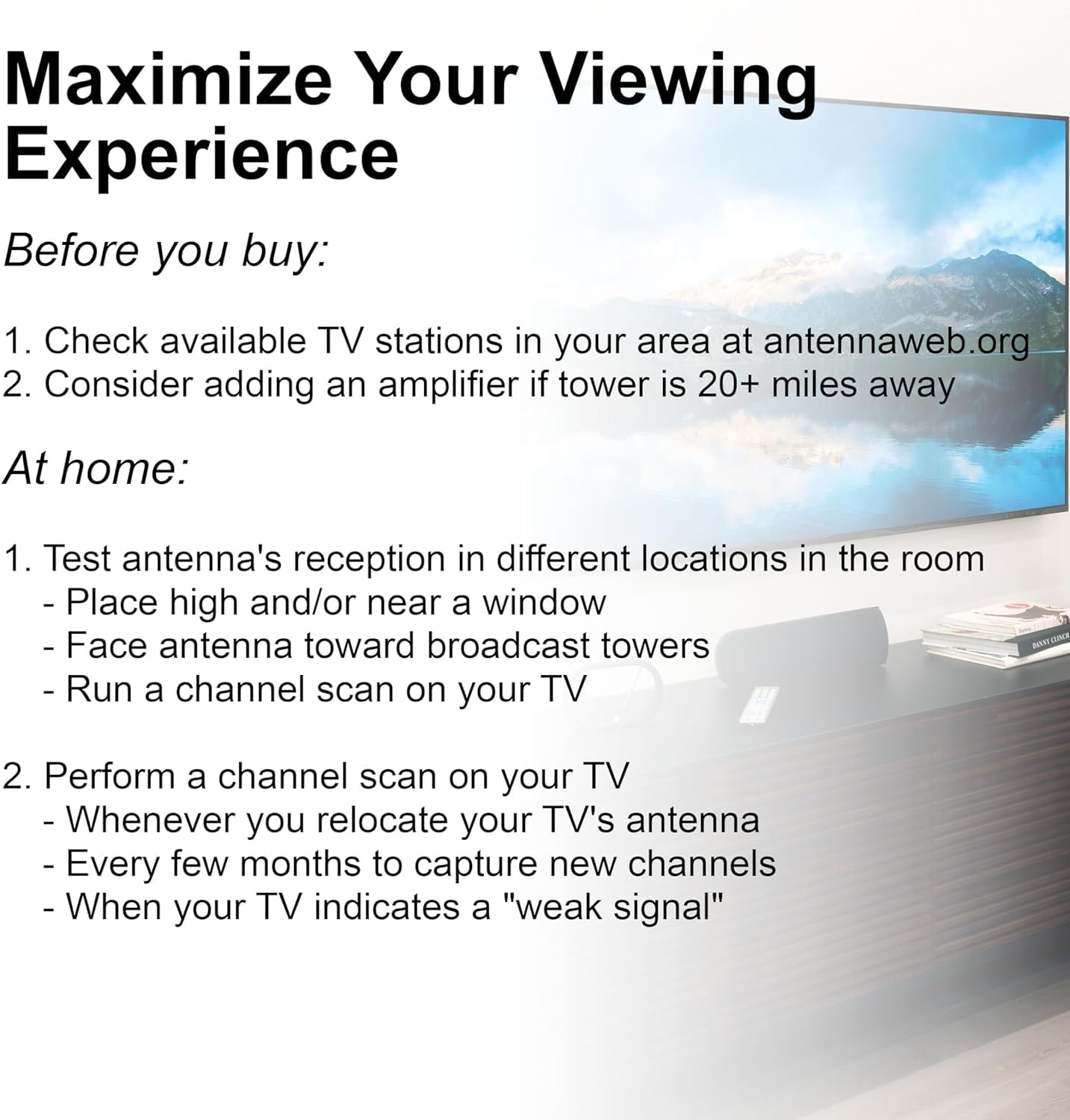 GE Amplified HD Digital TV Antenna, Long Range Smart TV Antenna, Easy Mount on Top Design, Supports 4K 1080P HDTV VHF UHF, Indoor Amplified Signal Booster, 5ft Coax HDTV Cable/AC Adapter, 37075