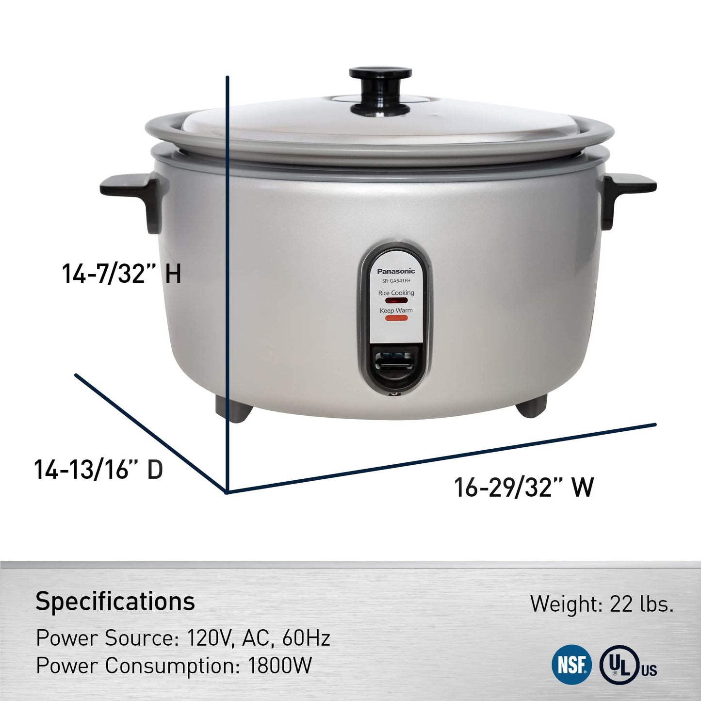Panasonic Commercial Rice Cooker, Extra-Large Capacity 60-Cup (Cooked), 30-Cup (Uncooked) with One-Touch Operation and Durable Non-Stick Coated Pan - SR-GA541FH