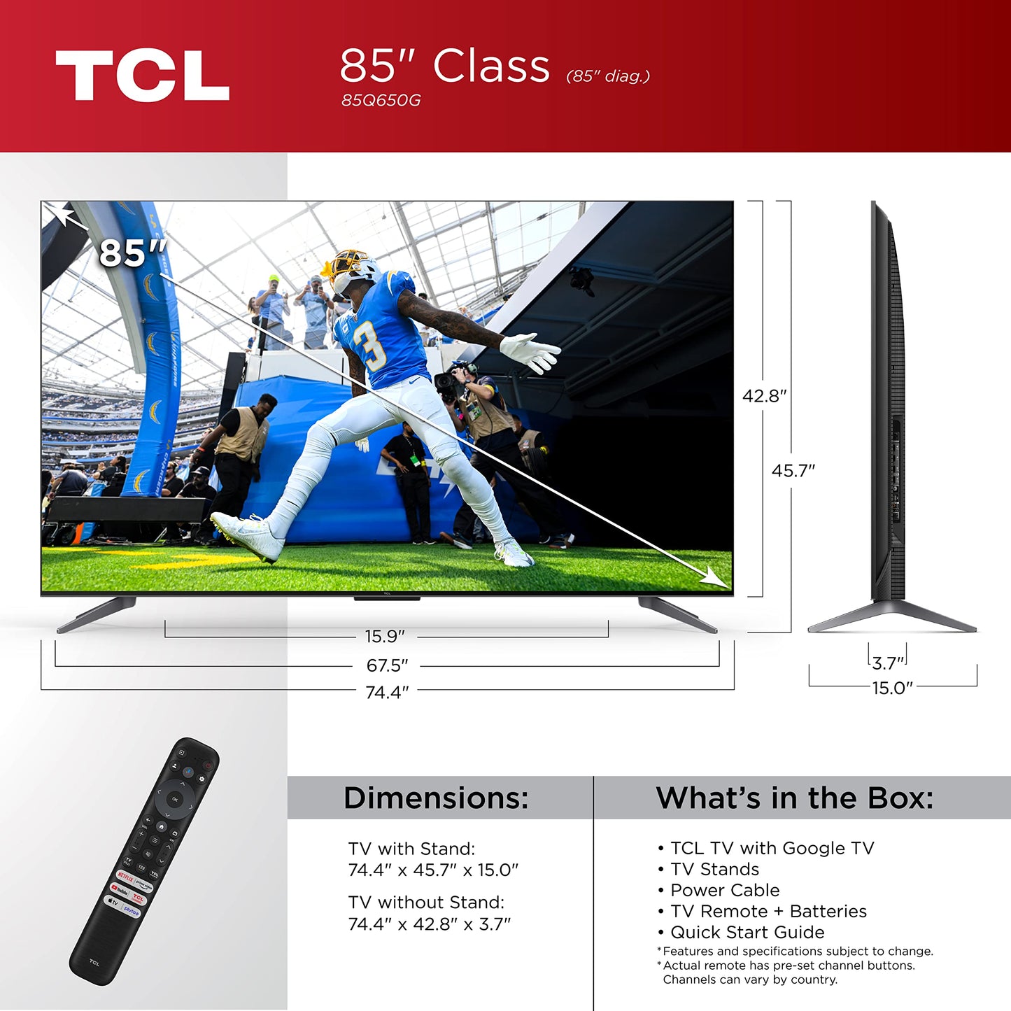 TCL 85-Inch Q6 QLED 4K Smart TV with Google TV (85Q650G, 2023 Model) Streaming UHD, Dolby Vision, Dolby Atmos, HDR Pro+, Game Accelerator Enhanced Gaming, Voice Remote, Compatible with Alexa