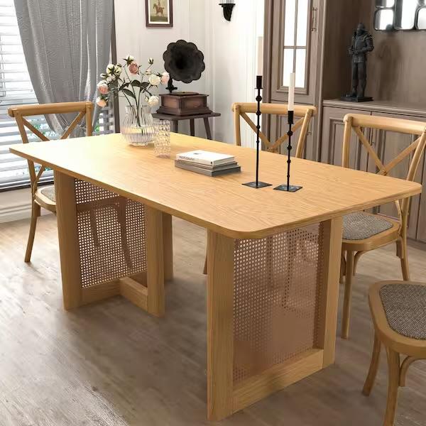 Lirago Rectangle Natural Wood Color Oak Wood 67 in. Double Pedestal Dining Table Seats 6