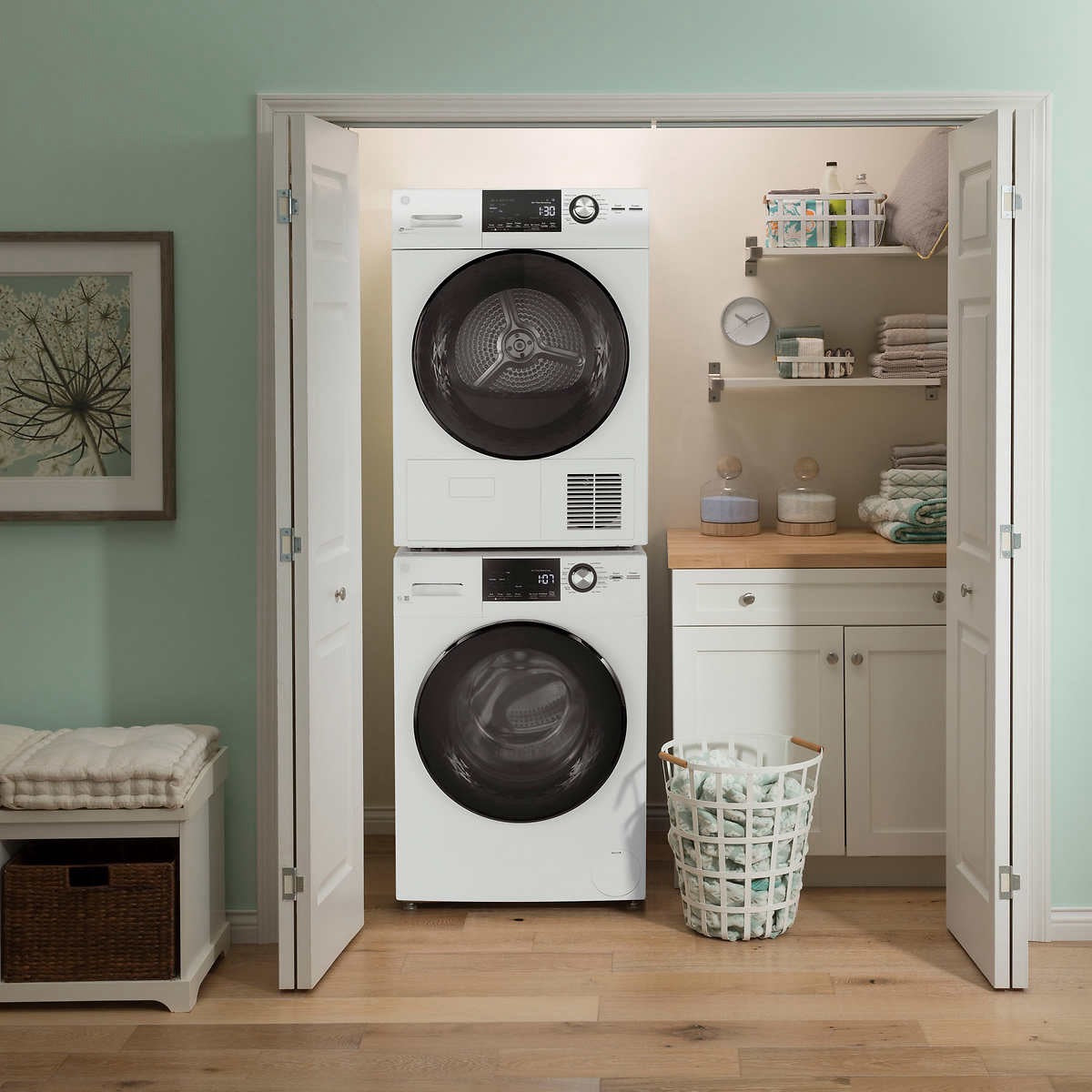 GE 2.4 cu. ft. Washer with Steam and 4.1 cu. ft. Ventless Condenser ELECTRIC Dryer with Stainless Steel Basket