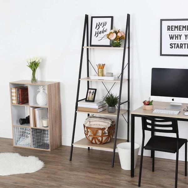 Good Jupiter 70.9 in. Black/White Oak Metal 4-shelf Ladder Bookcase with Open Back