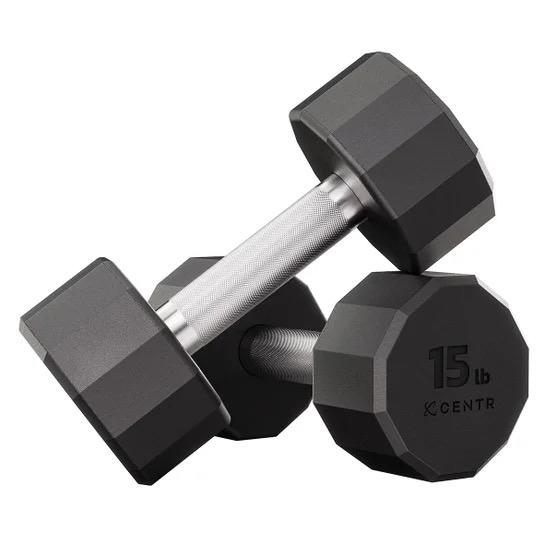 Centr 12-sided 210 lb. Rubber Dumbbell Set with Rack
