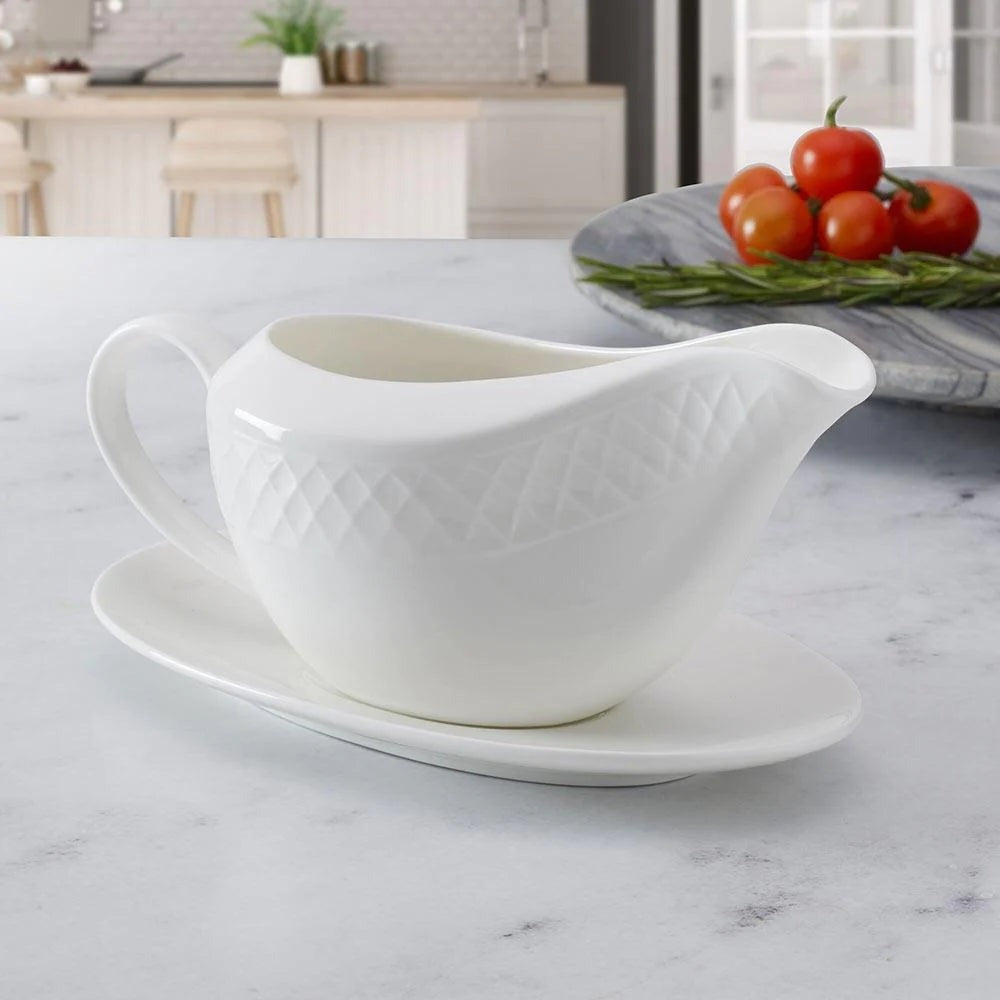 Trellis White Gravy Boat with Stand White