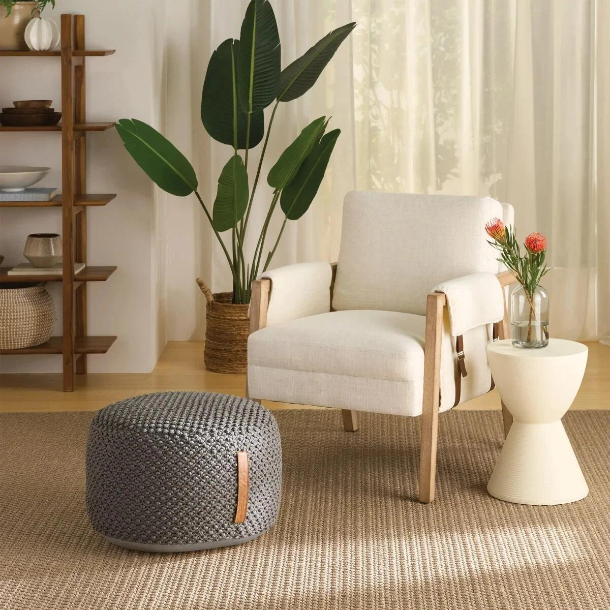 Nourison Cotton Woven Looped Pouf - Gray