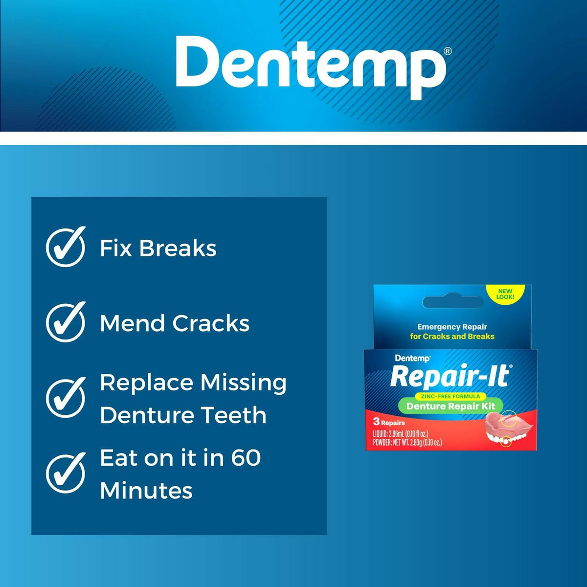 Dentemp Repair Kit - Repair-It Advanced Formula Denture Repair Kit - Denture Repair Kit Repairs Broken Dentures - Denture Repair to Mend Cracks & Replace Loose Teeth