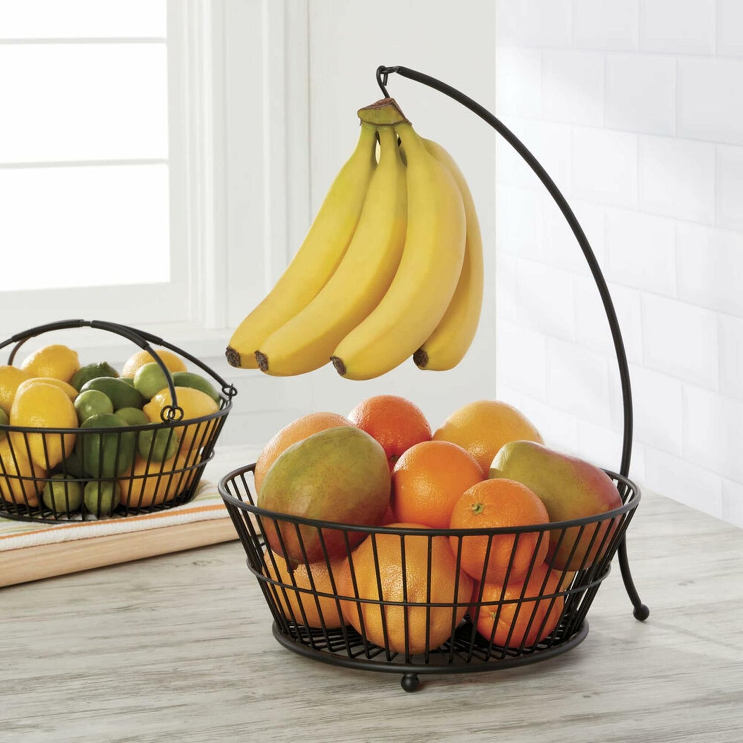 Gourmet Basics by Mikasa Tully 2-Tier Iron Storage Basket with Banana Hanger, Breathable Basket Organizer for Fruits, Vegetables, Snacks - Modern & Decorative Fruit Bowl, 12"x17" (Black)