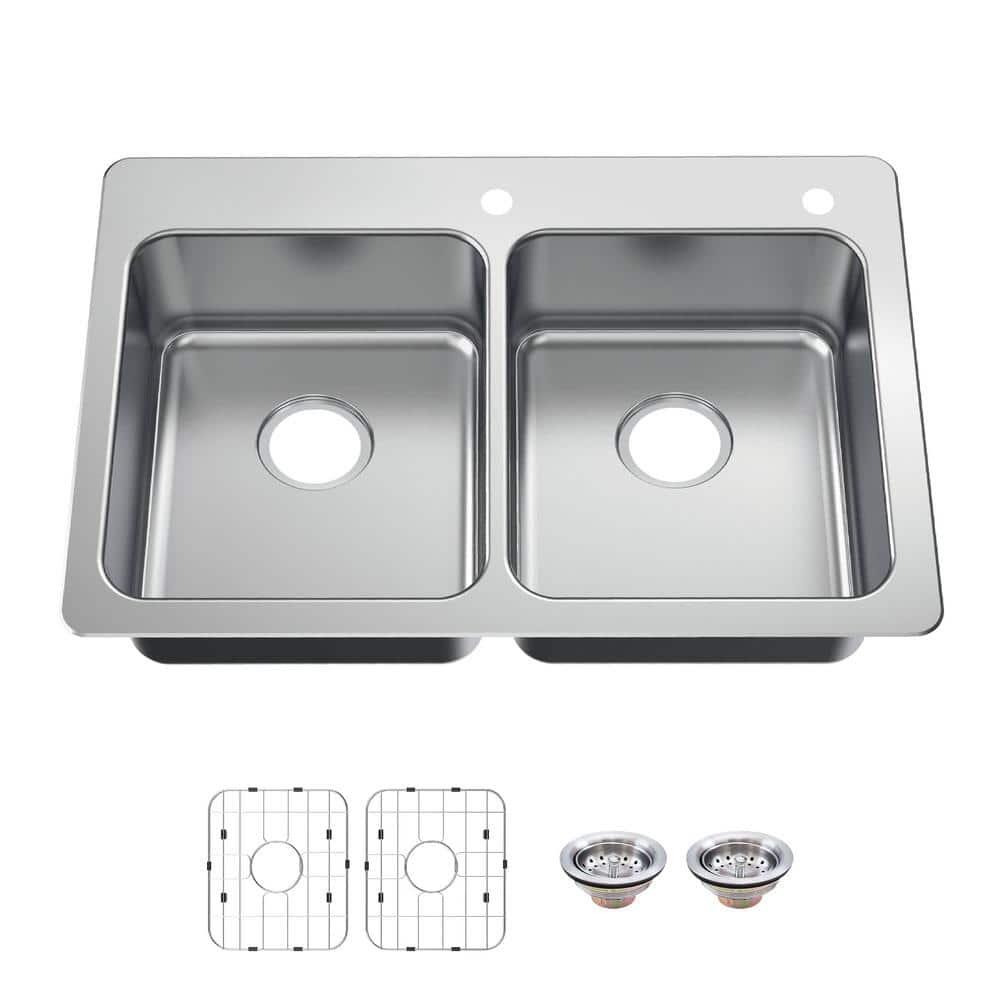 Glacier Bay Bratten Drop-In/Undermount 18G Stainless Steel 33 in. 2-Hole 50/50 Double Bowl Kitchen Sink with Accessories, Silver