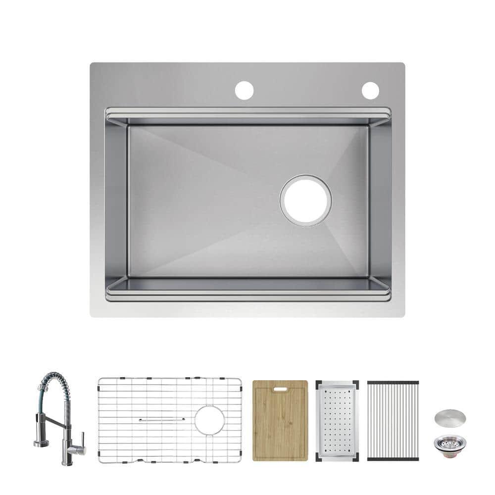 Glacier Bay Dolancourt Tight Radius 27 in. Drop-In Single Bowl 18G Stainless Steel Workstation Kitchen Sink with Spring Neck Faucet