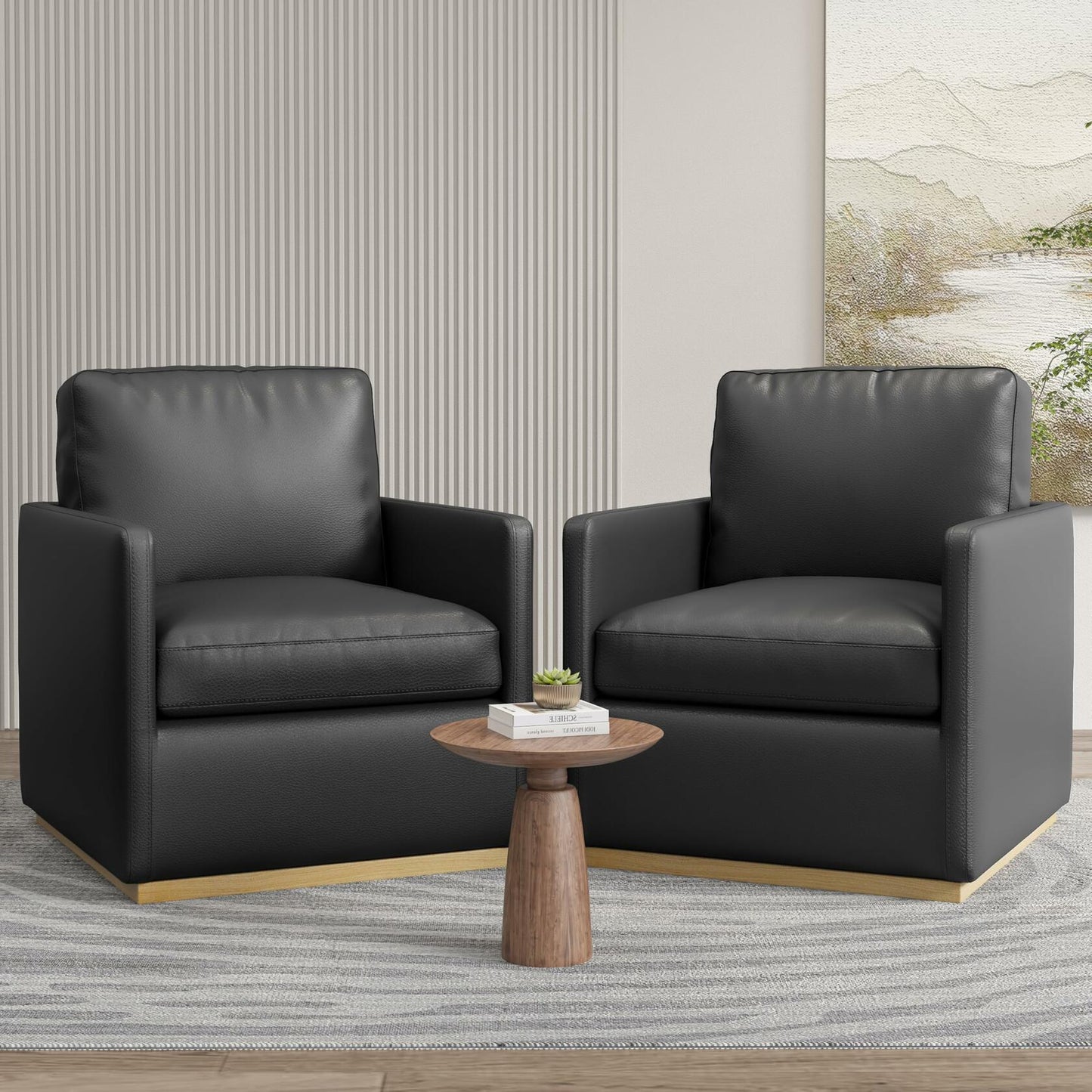 Swivel Barrel Chair, Premium Comfy Round Accent Chair for Living Room, Mid Century Modern Reading Chair for Adults, Bedroom Side Chairs for Small Spaces, Armchair for Home/Office/Leather Black