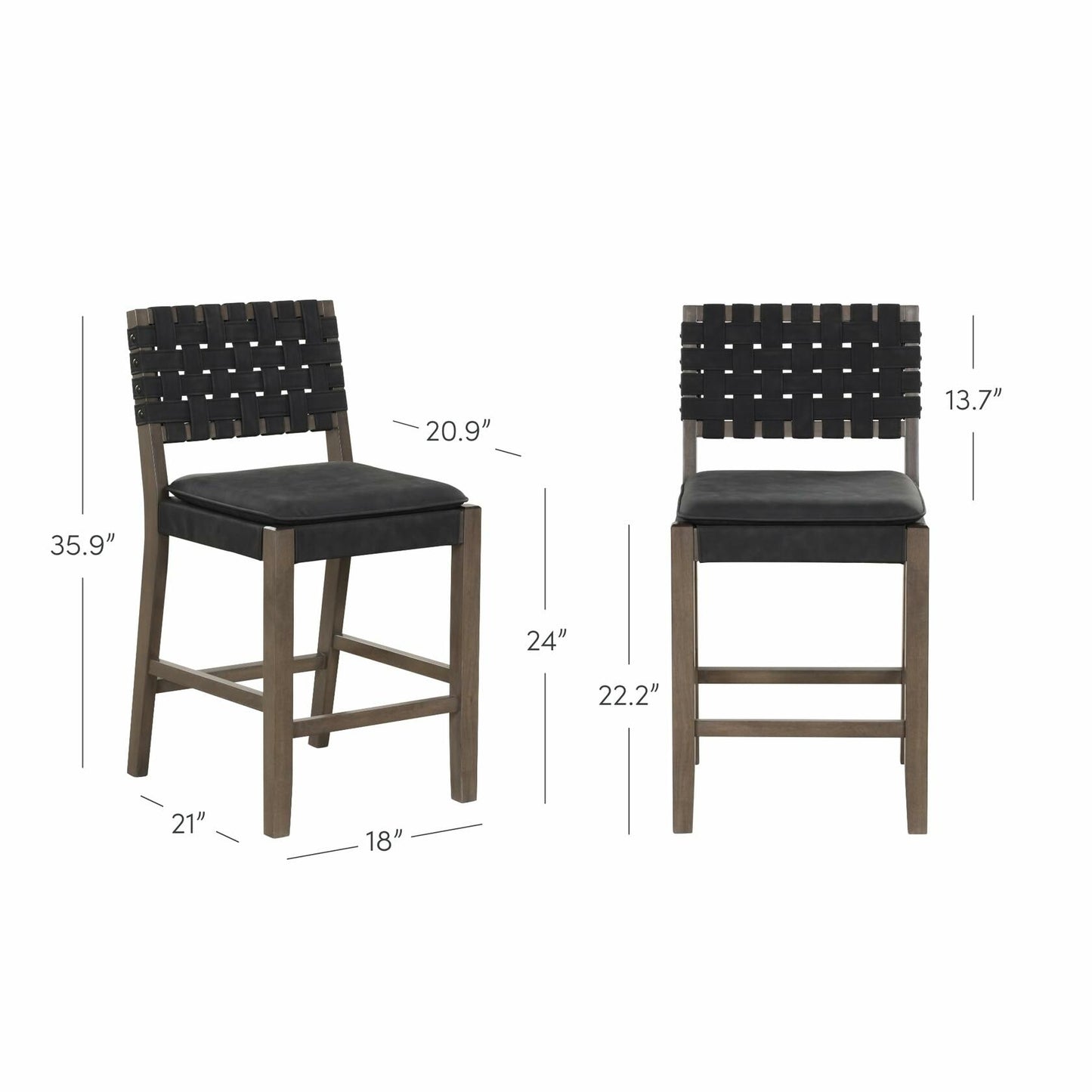 Nathan James Cohen Mid-Century Modern Leather Bar Stool, Counter Height Chair in Solid Wood Frame with Footrest and Woven Leather Back for Kitchen, Black, Set of 4