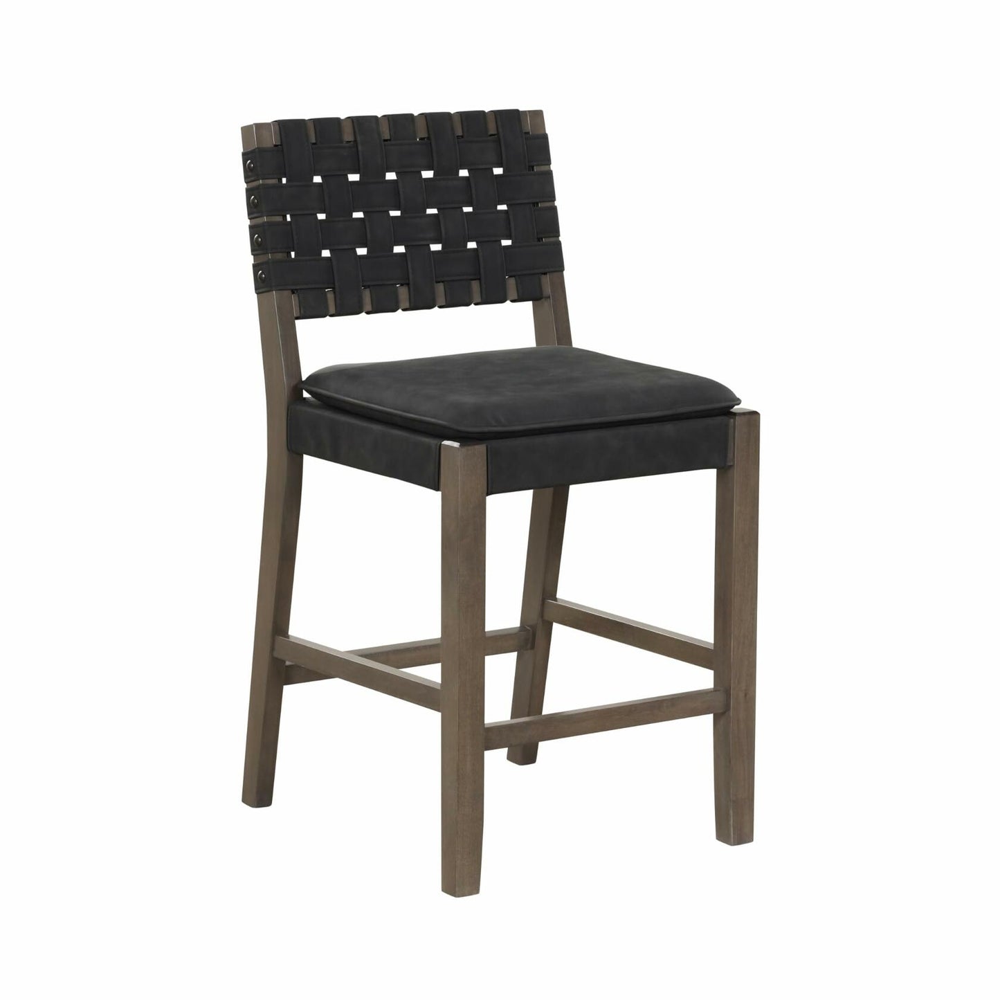 Nathan James Cohen Mid-Century Modern Leather Bar Stool, Counter Height Chair in Solid Wood Frame with Footrest and Woven Leather Back for Kitchen, Black, Set of 4