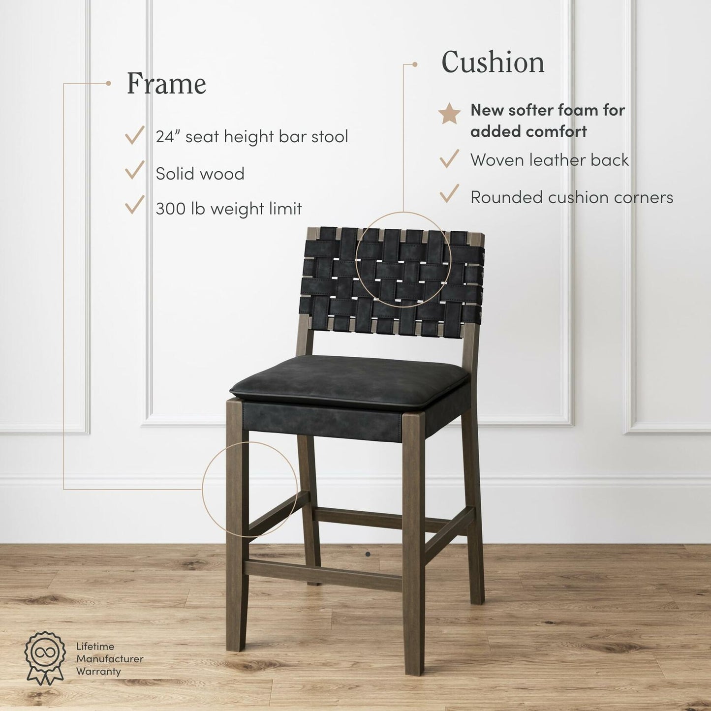 Nathan James Cohen Mid-Century Modern Leather Bar Stool, Counter Height Chair in Solid Wood Frame with Footrest and Woven Leather Back for Kitchen, Black, Set of 4