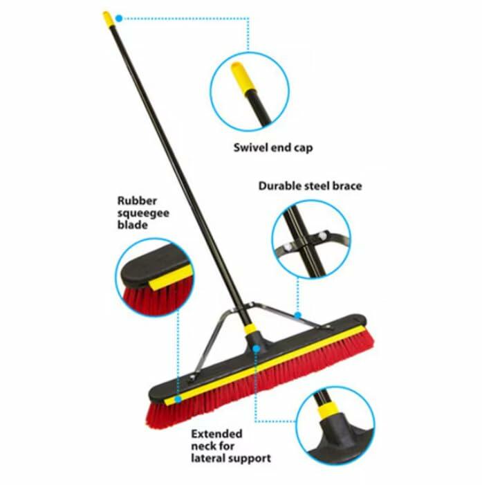 Libman 24-Inch Multi-Surface Squeegee Push Broom with Brace and Steel Handle – Heavy-Duty Steel Handle for Indoor & Outdoor Use