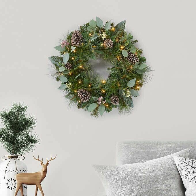 24" Pre-Lit Artificial Mixed Greenery Wreath
