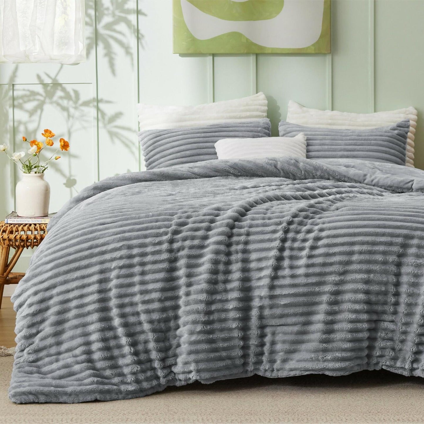 Frye 2" Solid Channel Luxury Faux Fur Comforter 3 Piece Queen Set, Reversible