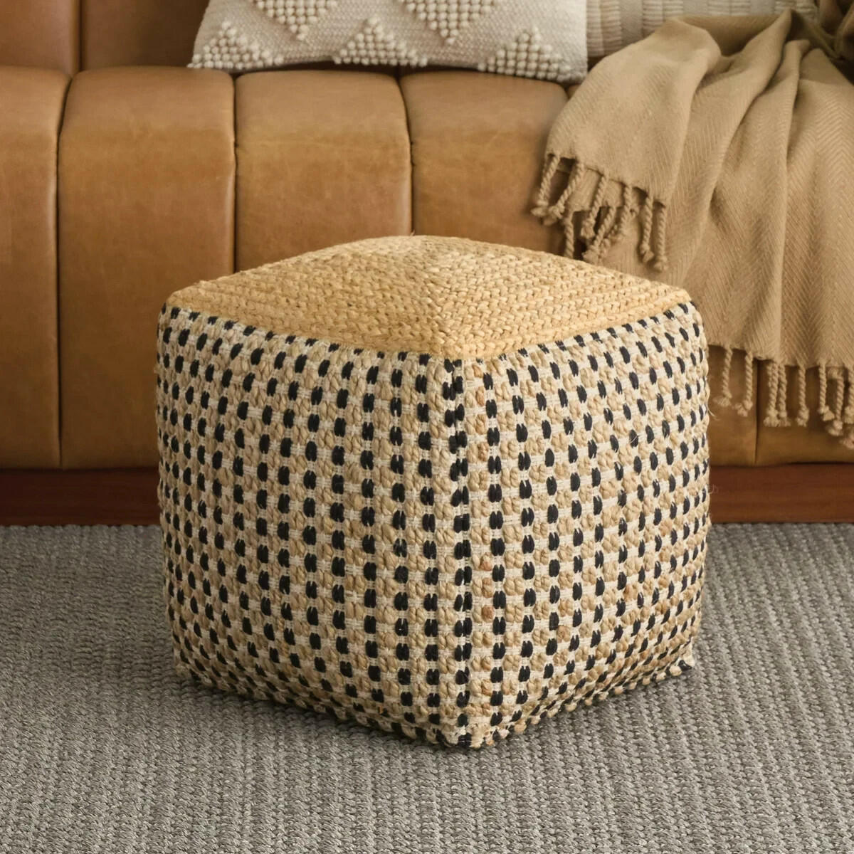 Nourison Jute/Cotton Pouf 16” x 16” x 16” - Black