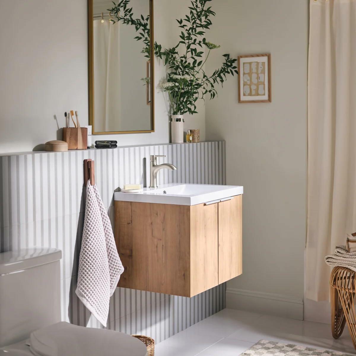 Moen Idris One-Handle Bathroom Faucet – Modern Deck Mount with Push-Down Drain – Optional 3-Hole Deckplate – 1.2 GPM (Brushed Nickel)