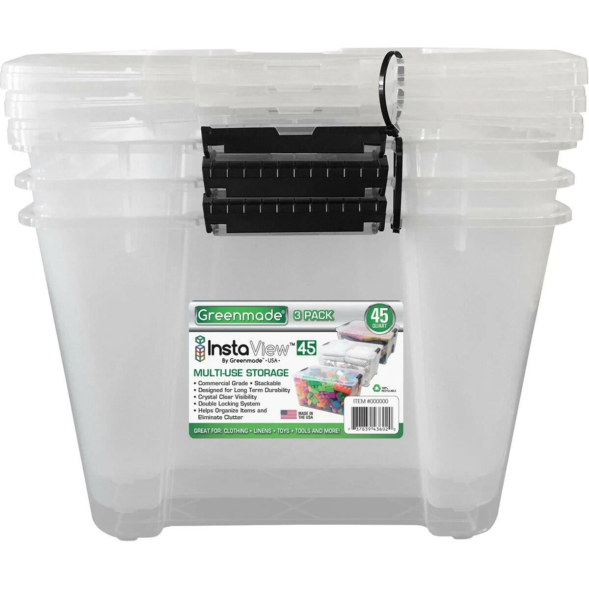 Greenmade InstaView 45 Multi-Use Storage Bin, 45 Quart, Clear, 3 ct