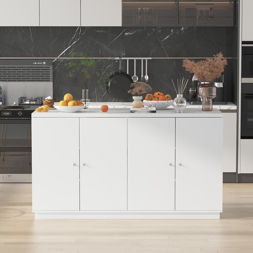 White Wood 63 in. W Kitchen Island Dining Bar Table Sideboard with Marble Countertop, Door Cabinets, 6-Drawers