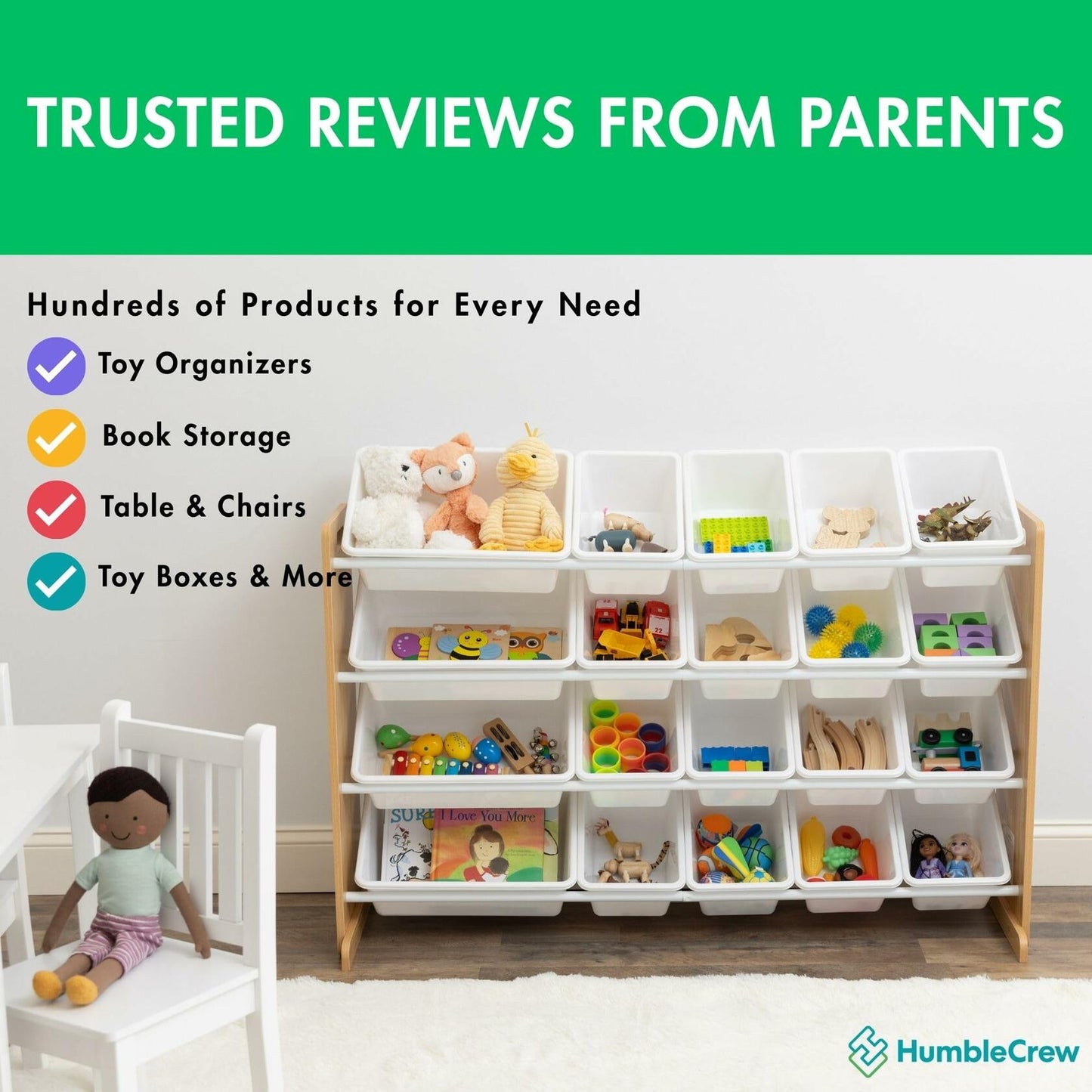 Humble Crew Extra-Large Toy Organizer with 20 Plastic Bins – Natural/White Storage Rack with 4-Tier Shelves, Anti-Tip Safety, for Kids’ Rooms, Playrooms, Nurseries & Classrooms