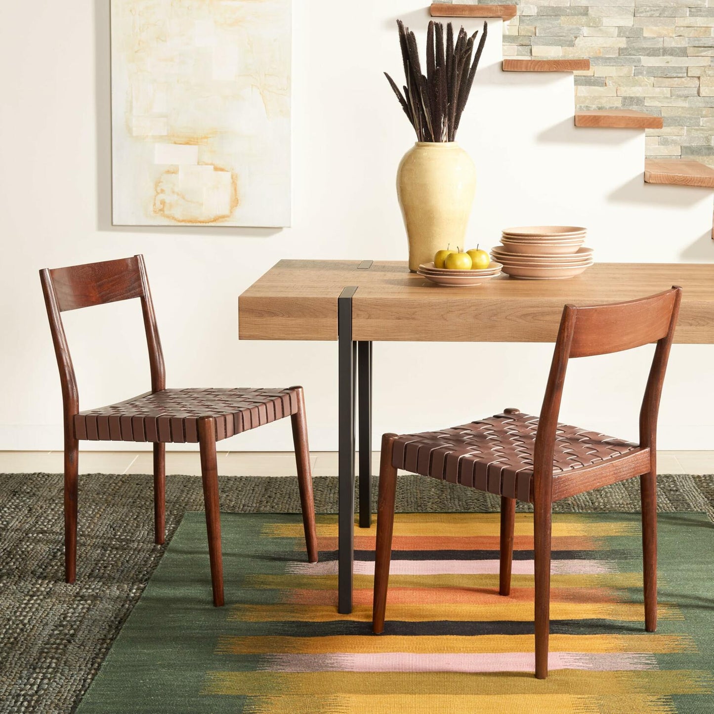 SAFAVIEH Home Collection Eluned Woven Leather Living Room Accent Dining Chair DCH1201A-SET2, Cognac/Brown