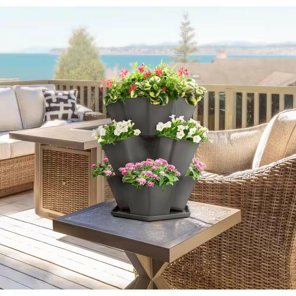 Vigoro Medium Slate Black Plastic 3-Tier Stacked Planter with Drainage Holes (15 in. L x 6 in. W x 16.5 in. H)