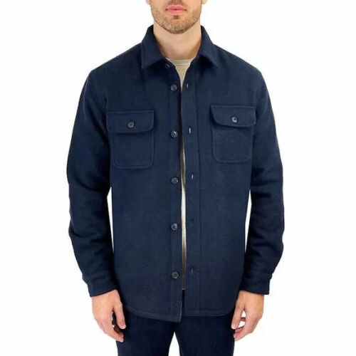 Jachs New York Men Wool Blend Sherpa Lined Shirt Jacket Navy