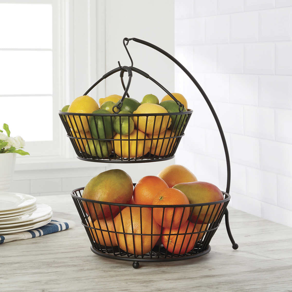 Gourmet Basics by Mikasa Tully 2-Tier Iron Storage Basket with Banana Hanger, Breathable Basket Organizer for Fruits, Vegetables, Snacks - Modern & Decorative Fruit Bowl, 12"x17" (Black)