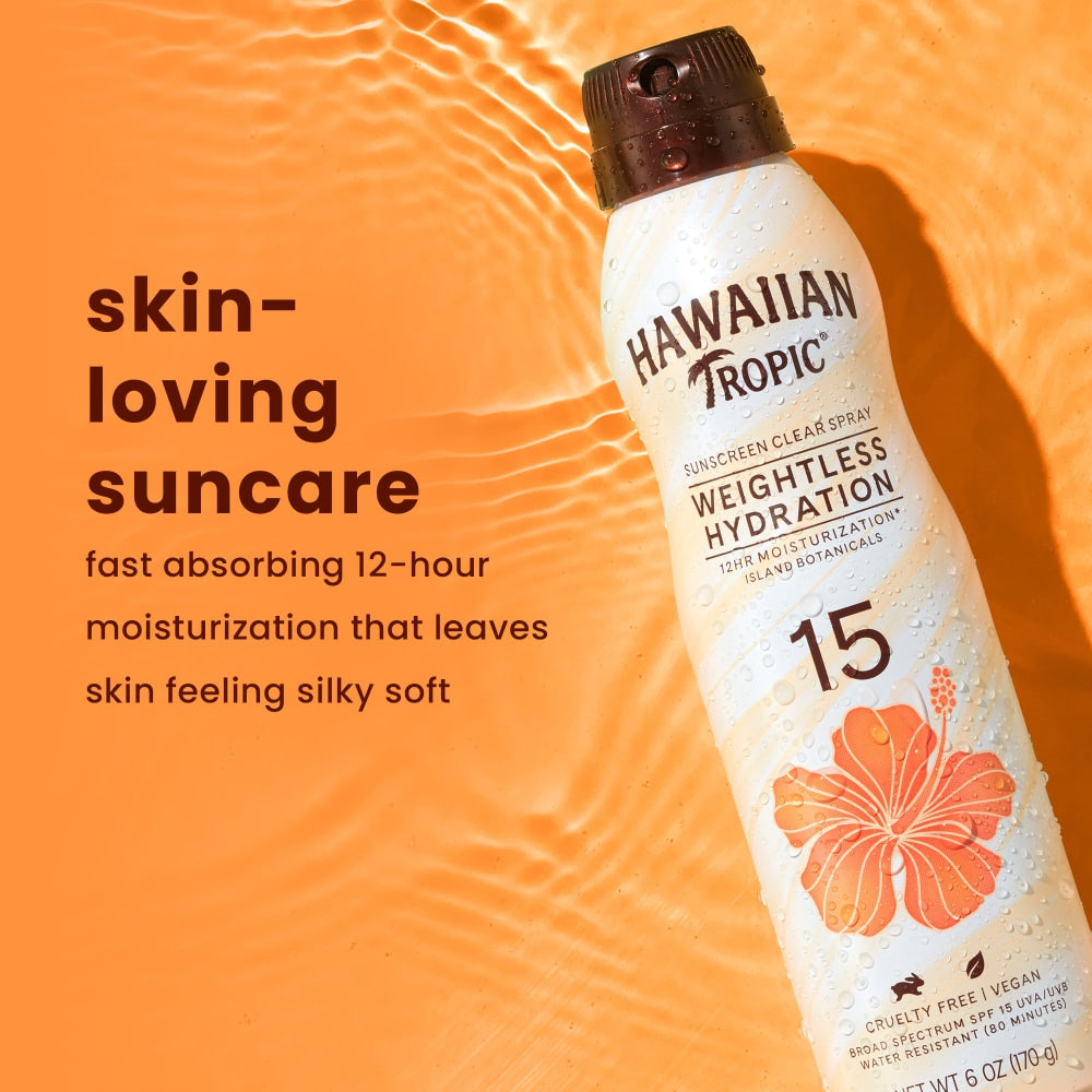 Hawaiian Tropic Weightless Hydration SPF 15 sunscreen spray, 6 oz — hydration information