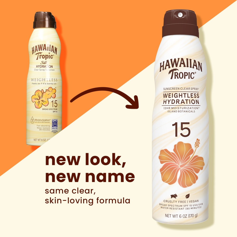 Hawaiian Tropic Weightless Hydration SPF 15 sunscreen spray, 6 oz — packaging design comparison