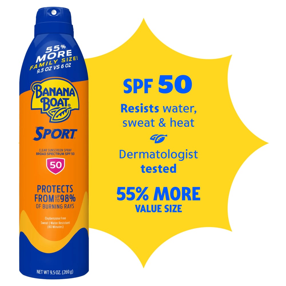 Banana Boat Sport SPF 50 sunscreen spray, 9.5 oz family-size can — size and SPF information