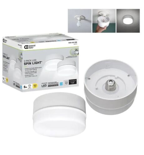 Commercial Electric Spin Light 5 in. White LED Flush Mount Ceiling Light 600 Lumens 4000K Bright White Closet Basement Utility (2 Pack)