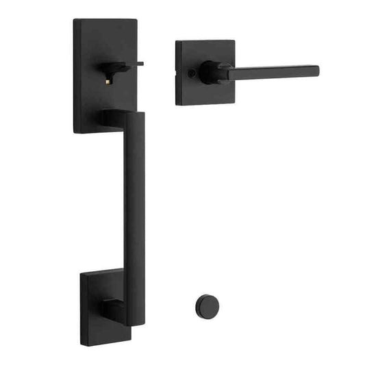 Kwikset San Clemente Matte Black Door Handleset with Halifax Square Door Handle with Microban Antimicrobial Technology