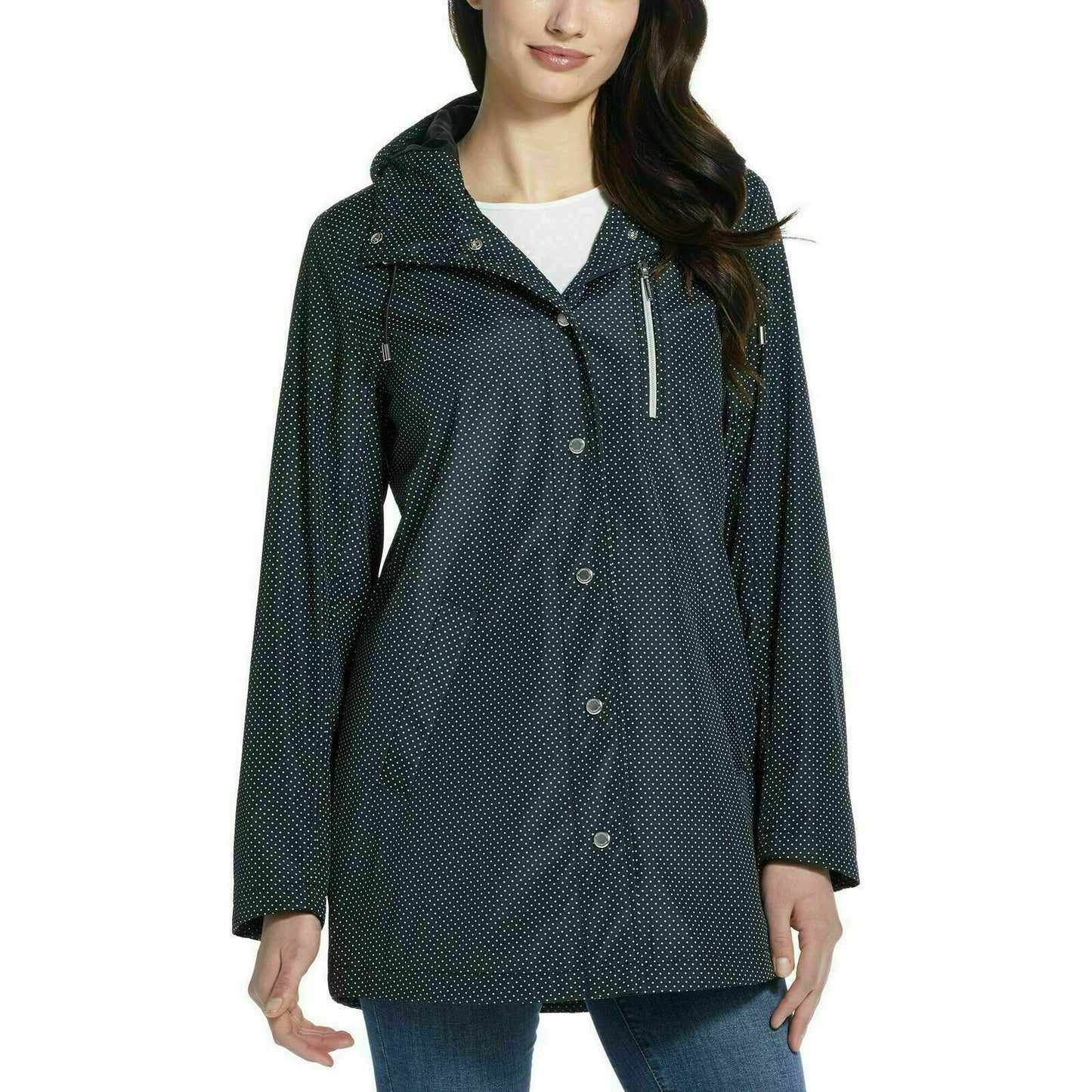 Weatherproof Ladies Button-up Rain Jacket (Black Pin Dot, Medium)