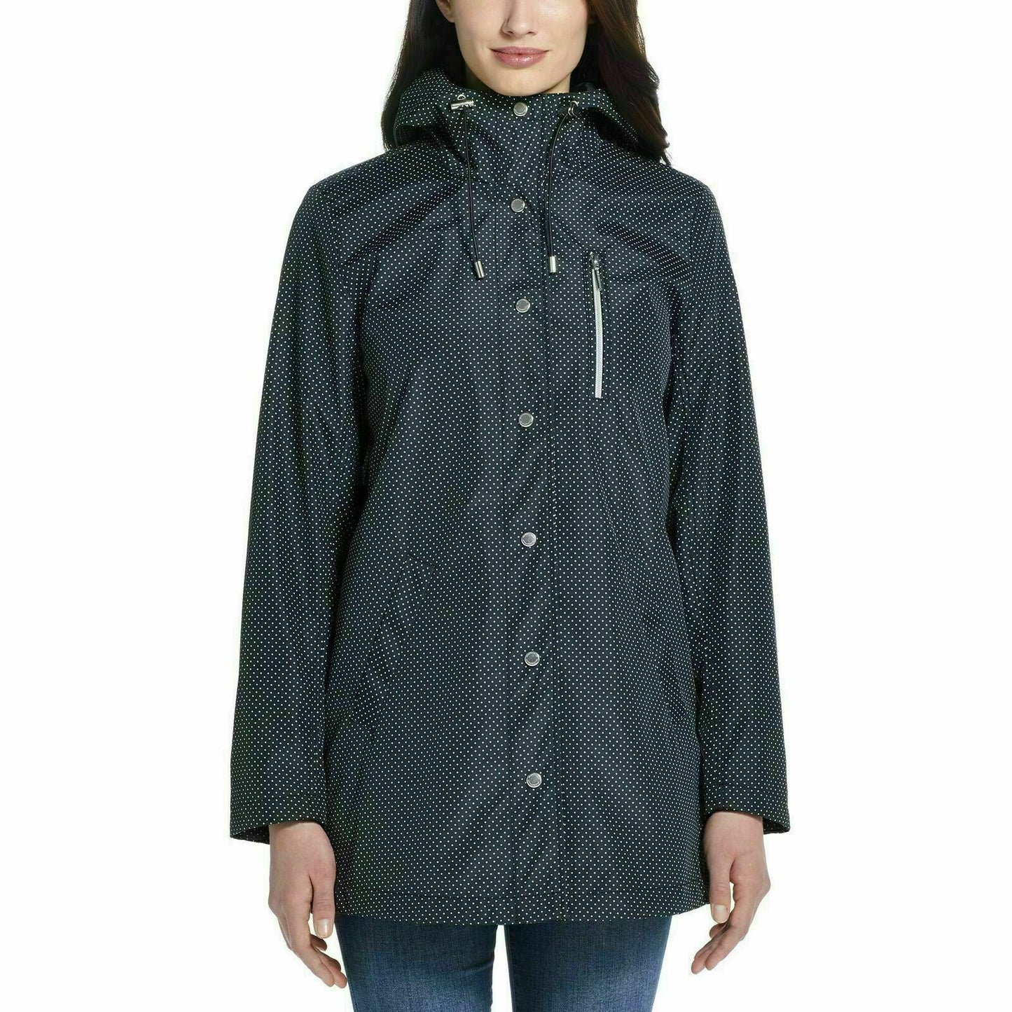 Weatherproof Ladies Button-up Rain Jacket (Black Pin Dot, Medium)