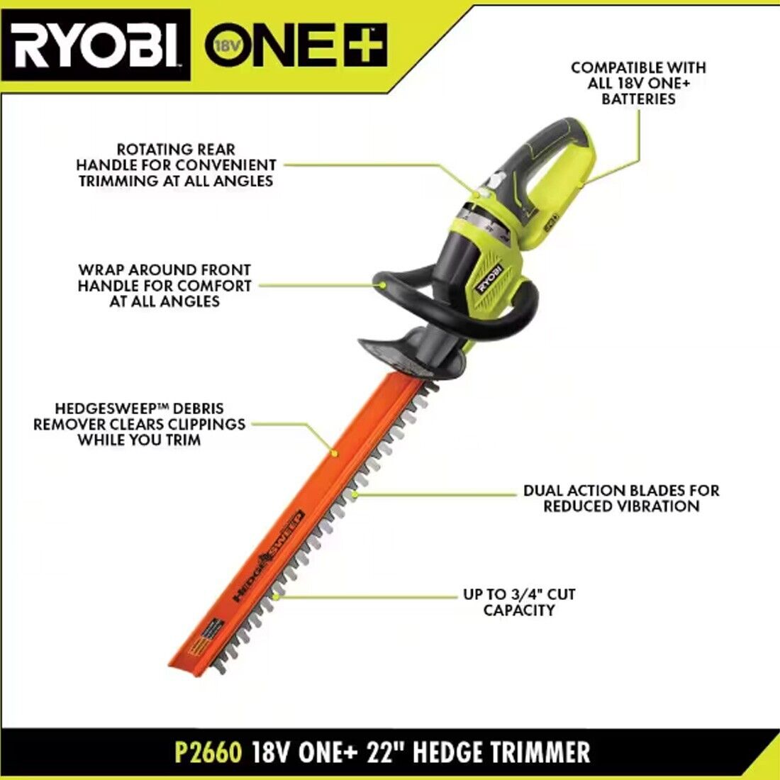 RYOBI ONE+ 18V 22 in. Cordless Battery Hedge Trimmer (Tool Only)