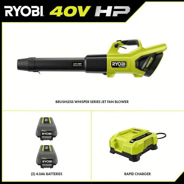RYOBI 40V HP Brushless Whisper Series 190 MPH 730 CFM Cordless Battery Jet Fan Leaf Blower with (2) 4.0 Ah Batteries & Charger