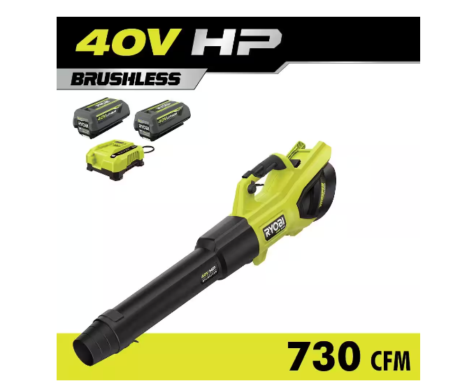 RYOBI 40V HP Brushless Whisper Series 190 MPH 730 CFM Cordless Battery Jet Fan Leaf Blower with (2) 4.0 Ah Batteries & Charger