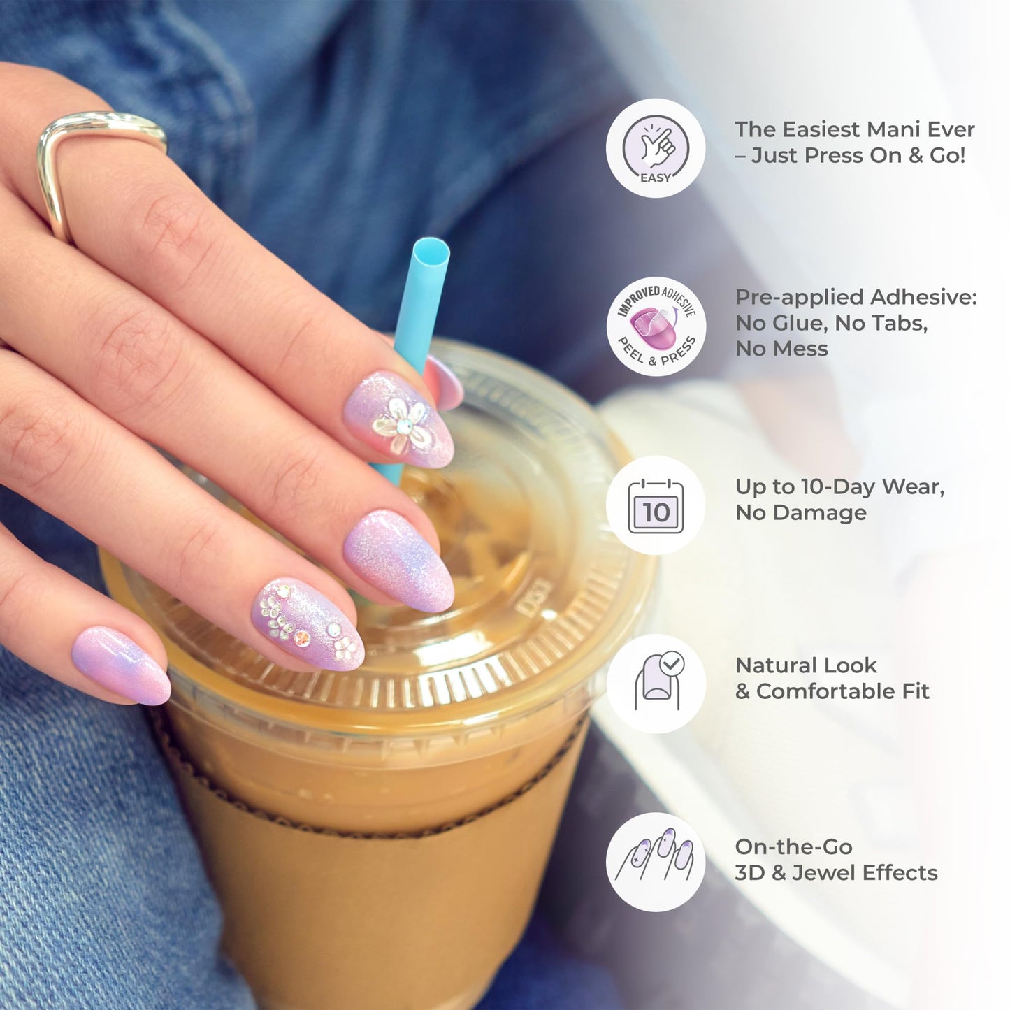 Kiss Impress No Glue Mani Press On Nails, Design, 'Best Life', Blue, Medium Size, Almond Shape, Includes 30 Nails, Prep Pad, Instructions Sheet, 1 Manicure Stick, 1 Mini File