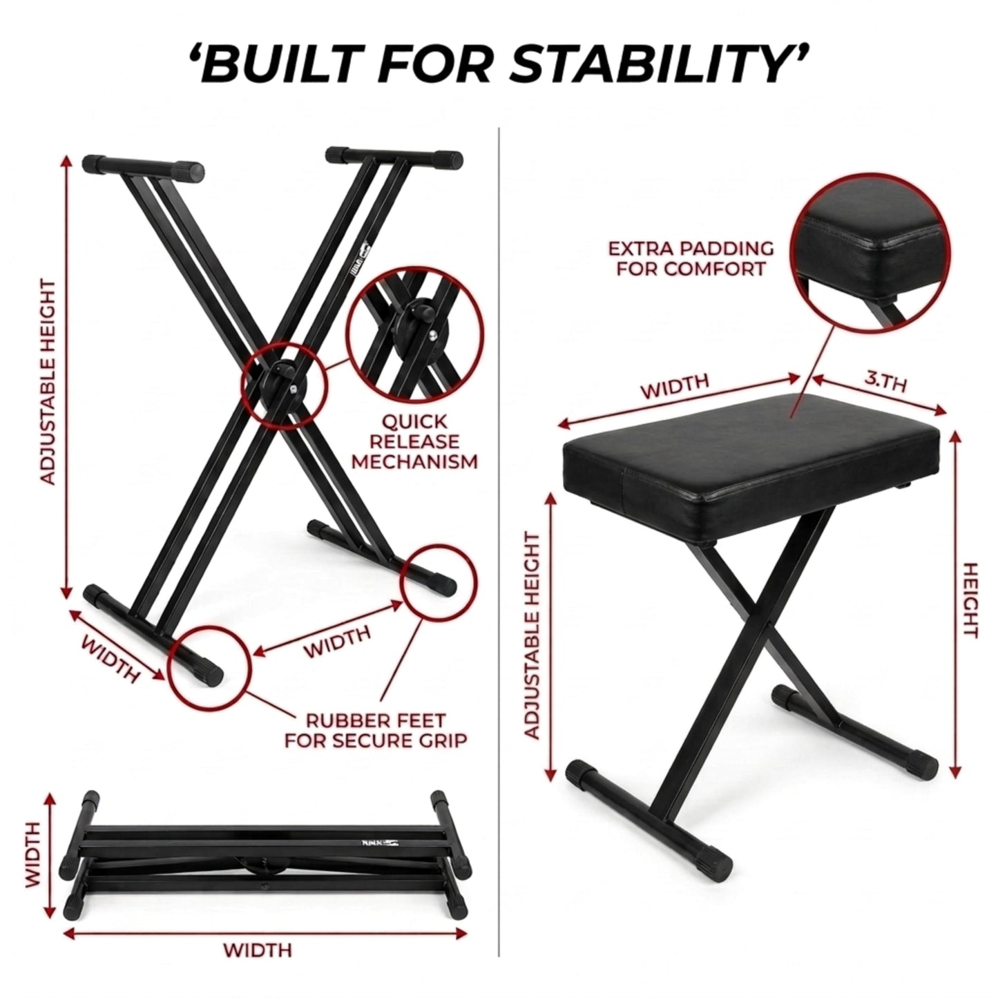 RockJam 61 Key Keyboard Piano Stand With Pitch Bend Kit, Piano Bench, Headphones, Simply Piano App & Keynote Stickers