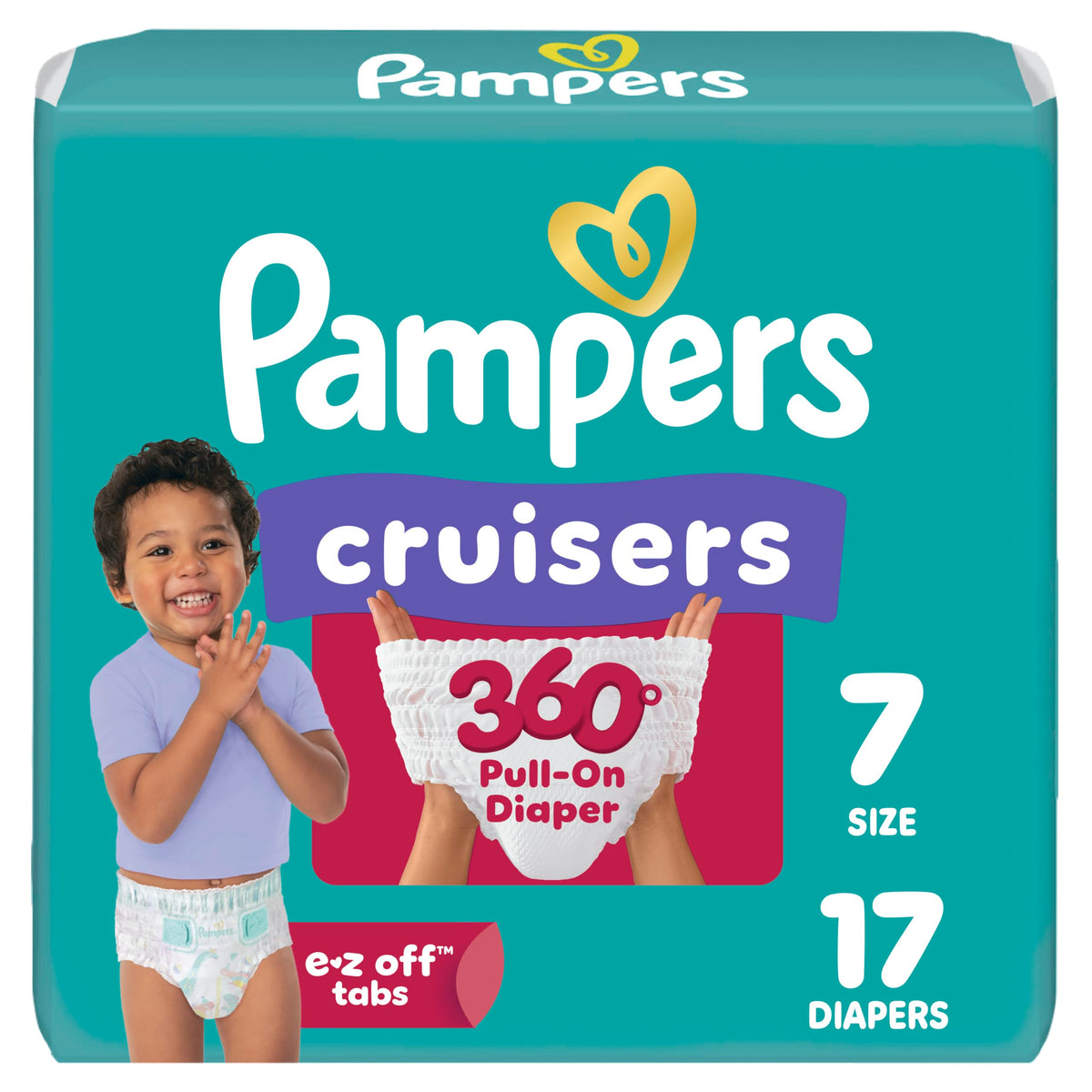 Pampers Diapers - Cruisers 360 - Size 7, 17 Count, Babyproof up to 100% Leakproof Pull-On Diaper (Packaging May Vary)