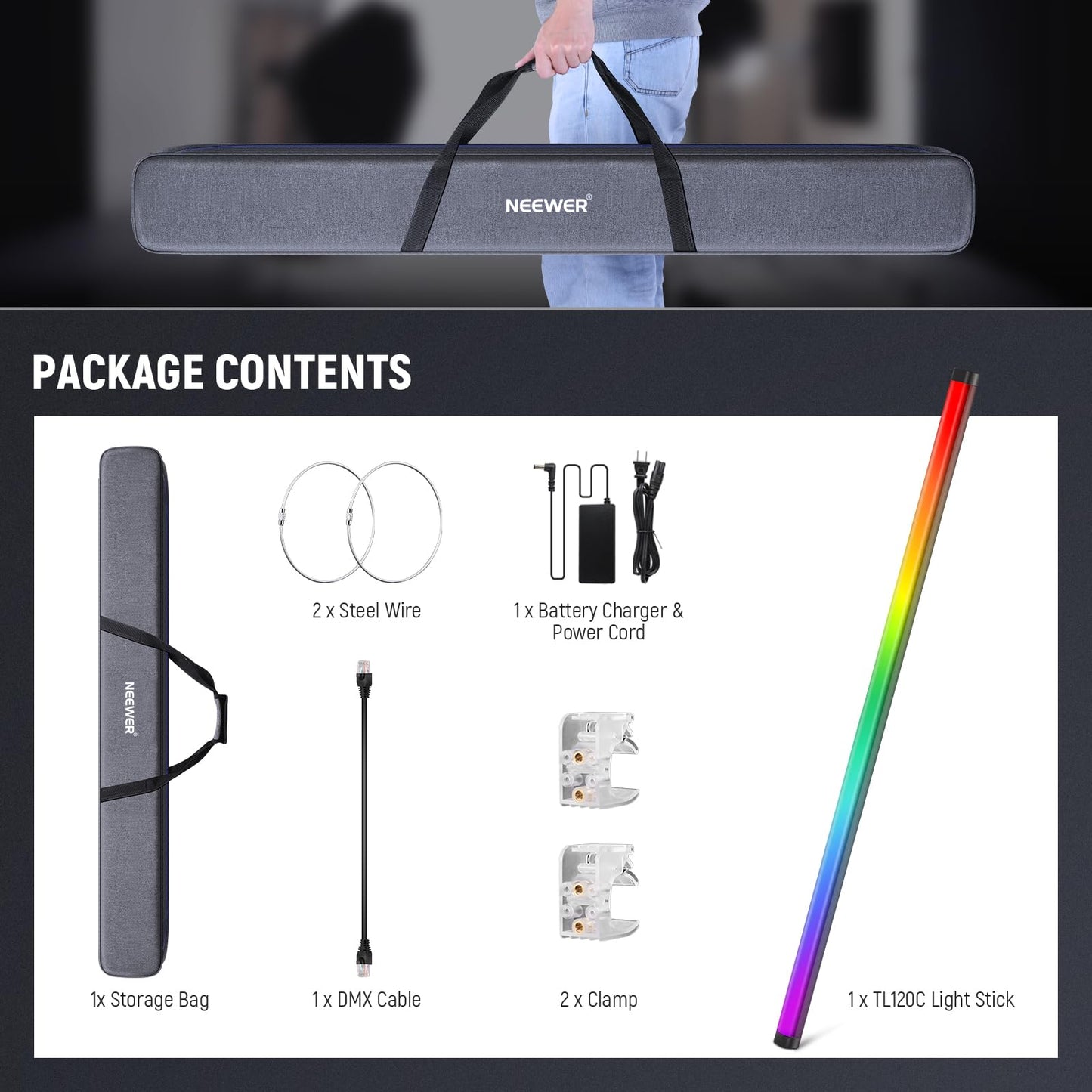 NEEWER TL120C RGB Tube Light, 42W Full Color RGBWW Photography LED Video Light Wand Stick with APP/2.4G/DMX Control, 7 Pixel Effects/18 Scenes, 2500K-10000K CRI97+ TLCI98+, 6000mAh Battery