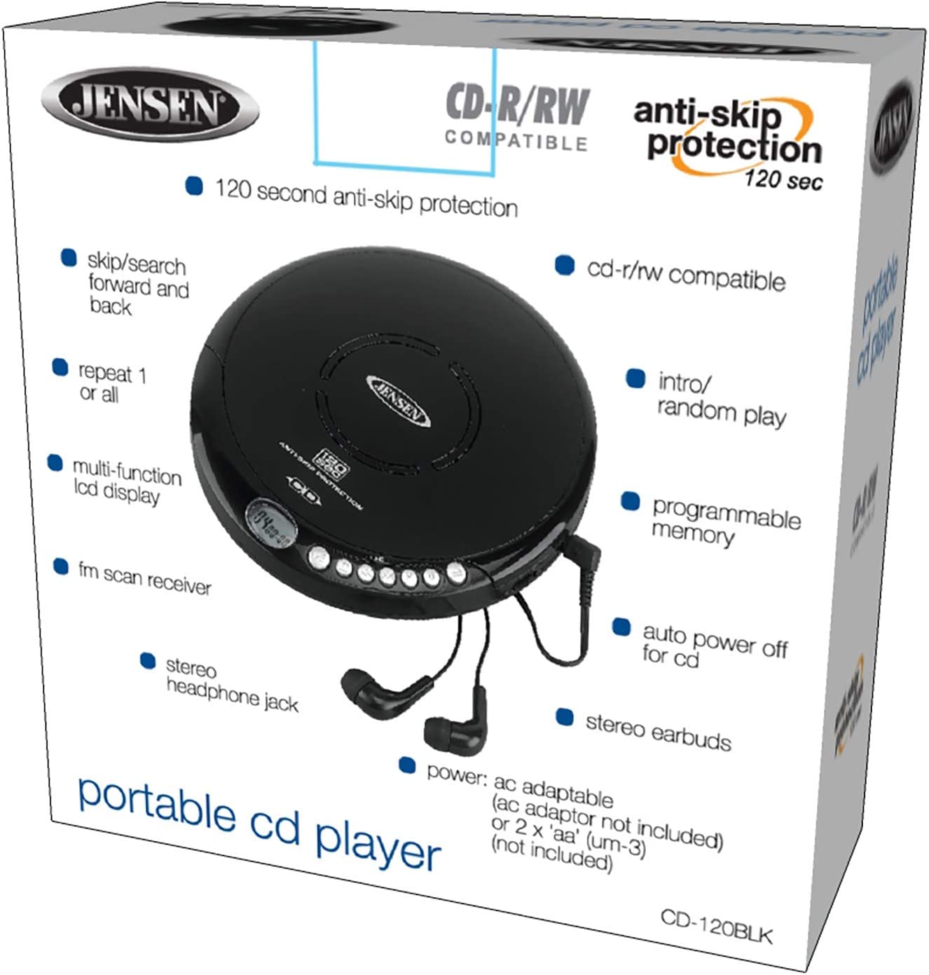 Jensen Portable CD-120BK Portable Personal CD Player Compact 120 SEC Anti-Skip CD Player – Lightweight & Shockproof Music Disc Player & FM Radio Pro-Earbuds for Kids & Adults