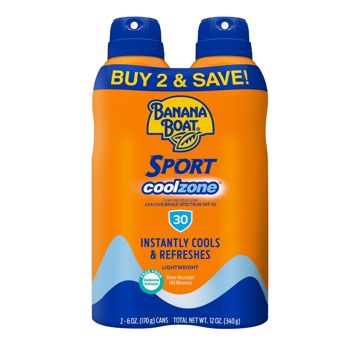 Banana Boat Sport Cool Zone SPF 30 Sunscreen Spray Twin Pack | Spray Sunscreen SPF 30, Sunblock, Oxybenzone Free, 6oz each, EXP 05/26