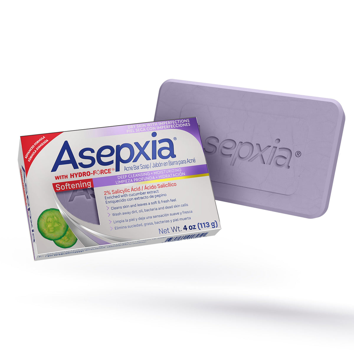Asepxia Acne Treatment Softening Bar Soap | 2% Salicylic Acid Cleanser, Wash away Oil & Impurities, Soothes with Cucumber Extract, Daily Use, Refreshes Skin, Face Wash, 4 Oz, 1-Pack, EXP 05/26